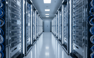 Professional network infrastructure equipment with blue lighting in server room