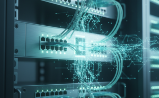 Modern network switch hardware with glowing lights indicating active status