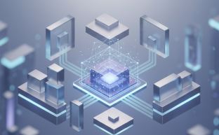 Abstract illustration of modular software blocks connecting to central structure