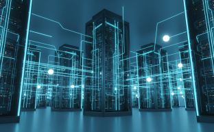 Abstract illustration of glowing server racks and digital data transmission pathways