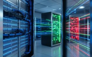 Modern bir veri merkezinde, ön planda yapısal SQL'i temsil eden düzenli mavi ışıklı bir sunucu rafı ve arka planda esnek NoSQL veritabanlarını simgeleyen yeşil ve kırmızı ışıklı bulanık sunucular.