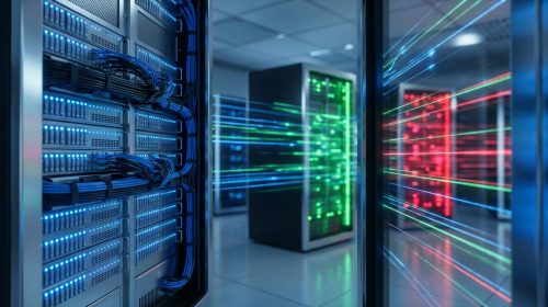 Modern bir veri merkezinde, ön planda yapısal SQL'i temsil eden düzenli mavi ışıklı bir sunucu rafı ve arka planda esnek NoSQL veritabanlarını simgeleyen yeşil ve kırmızı ışıklı bulanık sunucular.