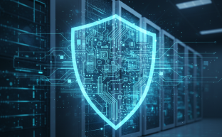 Abstract digital server racks protected by glowing blue security barriers