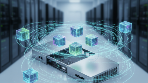 Abstract 3D illustration showing physical hardware divided into virtual machines