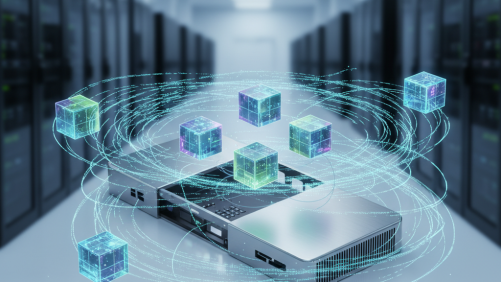 Abstract 3D illustration showing physical hardware divided into virtual machines