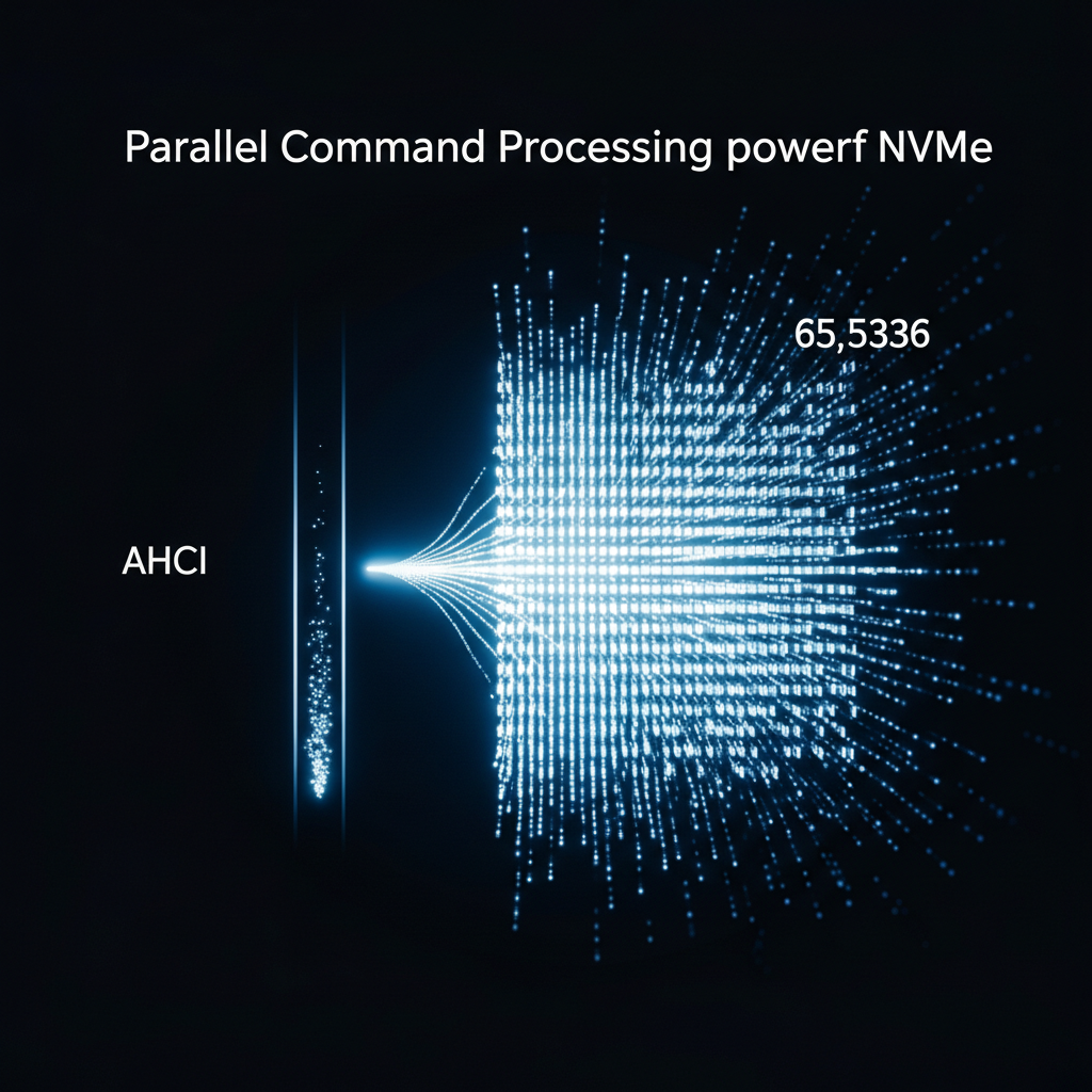 NVMe SSD Nedir, eski AHCI protokolünün tek komut kuyruğuna karşılık binlerce paralel kuyrukla çalışır