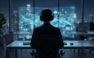 Modern bir ofiste, web sitesi performans verilerini gösteren soyut grafikler ve şemalarla dolu, parlayan holografik bir arayüzü analiz eden bir kişi.