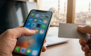 Bir kişinin elinde kredi kartı tutarak, arka planı bulanık bir e-ticaret sitesinin açık olduğu akıllı telefona baktığı yakın çekim fotoğraf. Sahne, online alışveriş ve ödeme karar anını simgeliyor.