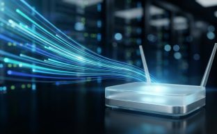 Yüksek hızlı internet bağlantısını temsil eden soyut bir görsel. Karanlık bir teknoloji arka planında, merkezdeki bir noktadan yayılan parlak mavi ve turkuaz ışık huzmeleri, hızlı ve stabil veri akışını simgeliyor.