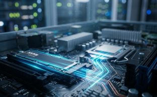 Yüksek hızlı veri akışını temsil eden mavi ışık çizgileriyle aydınlatılmış, sunucu anakartına takılı bir NVMe SSD'nin makro fotoğrafı.