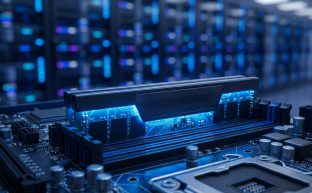 Modern bir veri merkezi arka planında, bir sunucu anakartına takılı olan ve devresinden mavi bir ışık yayılan, son teknoloji ürünü bir ECC RAM bellek modülünün ultra detaylı yakın çekimi.