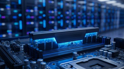 Modern bir veri merkezi arka planında, bir sunucu anakartına takılı olan ve devresinden mavi bir ışık yayılan, son teknoloji ürünü bir ECC RAM bellek modülünün ultra detaylı yakın çekimi.