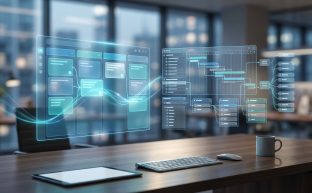 Modern bir ofis ortamında, Trello'nun görsel Kanban panolarını ve Asana'nın yapısal görev listelerini temsil eden iki soyut dijital arayüzün karşılaştırıldığı konsept bir fotoğraf.