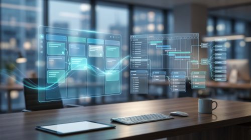 Modern bir ofis ortamında, Trello'nun görsel Kanban panolarını ve Asana'nın yapısal görev listelerini temsil eden iki soyut dijital arayüzün karşılaştırıldığı konsept bir fotoğraf.