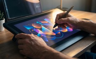 Bir grafik tasarımcının, dijital bir tablet üzerinde kalem kullanarak renkli ve soyut bir vektörel çizim oluşturduğu yakın çekim fotoğraf.