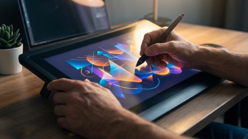 Bir grafik tasarımcının, dijital bir tablet üzerinde kalem kullanarak renkli ve soyut bir vektörel çizim oluşturduğu yakın çekim fotoğraf.