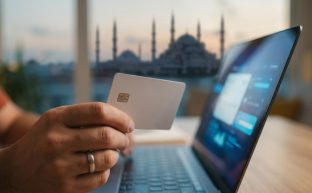 Bir kişinin, arka planda bulanık bir dizüstü bilgisayar ekranı ve şehir manzarası varken, online vergi ödemesi yapmak için elinde bir kredi kartı tuttuğu yakın çekim fotoğraf.