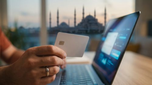 Bir kişinin, arka planda bulanık bir dizüstü bilgisayar ekranı ve şehir manzarası varken, online vergi ödemesi yapmak için elinde bir kredi kartı tuttuğu yakın çekim fotoğraf.