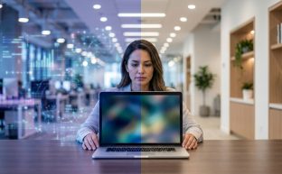 Modern bir ofis masasında oturan, önündeki dizüstü bilgisayarda Zoom ve Google Meet video konferans araçlarını karşılaştıran bir profesyonel.