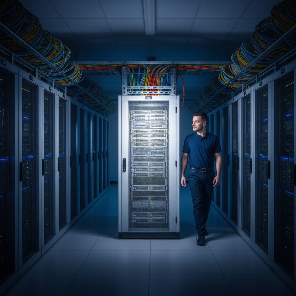 Veri merkezinde dedicated sunucu yönetimi Dedicated Server modern veri merkezi ortamında yüksek performanslı donanım mimarisi ve çalışma prensibi görseli.