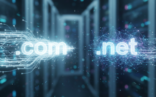 .com ve .net alan adı uzantıları arasındaki seçimi simgeleyen, dijital ışık kümelerinin karşılaştırıldığı soyut, fotogerçekçi bir görsel. Bulanık bir ağ altyapısı arka planı var. Görselde metin yok.