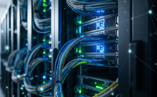 Modern bir veri merkezinde sıralanmış sunucu rafları, yanıp sönen dijital ışıklar ve ağ kabloları ile donatılmış. Ortam mavi, yeşil ve mor tonlarda dijital ışıklarla aydınlatılmış, siber güvenlik ve internet bağlantısını simgeliyor. Resimde herhangi bir yazı veya logo bulunmamaktadır.