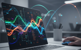 Modern bir laptop ekranında gösterilen, soyut dijital grafikler ve yükselen trendler içeren bir görsel. Bir el klavye veya fare ile etkileşim halinde. Odak, WordPress SEO optimizasyonunu ve arama motoru performansını temsil eden dijital verilere odaklanmıştır. Arka plan bulanık bir teknoloji çalışma alanıdır.
