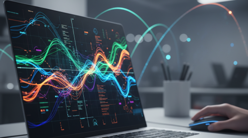Modern bir laptop ekranında gösterilen, soyut dijital grafikler ve yükselen trendler içeren bir görsel. Bir el klavye veya fare ile etkileşim halinde. Odak, WordPress SEO optimizasyonunu ve arama motoru performansını temsil eden dijital verilere odaklanmıştır. Arka plan bulanık bir teknoloji çalışma alanıdır.