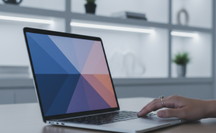 Bir dizüstü bilgisayar ekranında soyut bir web sitesi veya WordPress arayüzü gösterilirken, bir el fareye uzanıyor. Modern ve minimalist bir çalışma ortamında yer alan bulanık arka plan, teknoloji ve web geliştirmeyi çağrıştırıyor.