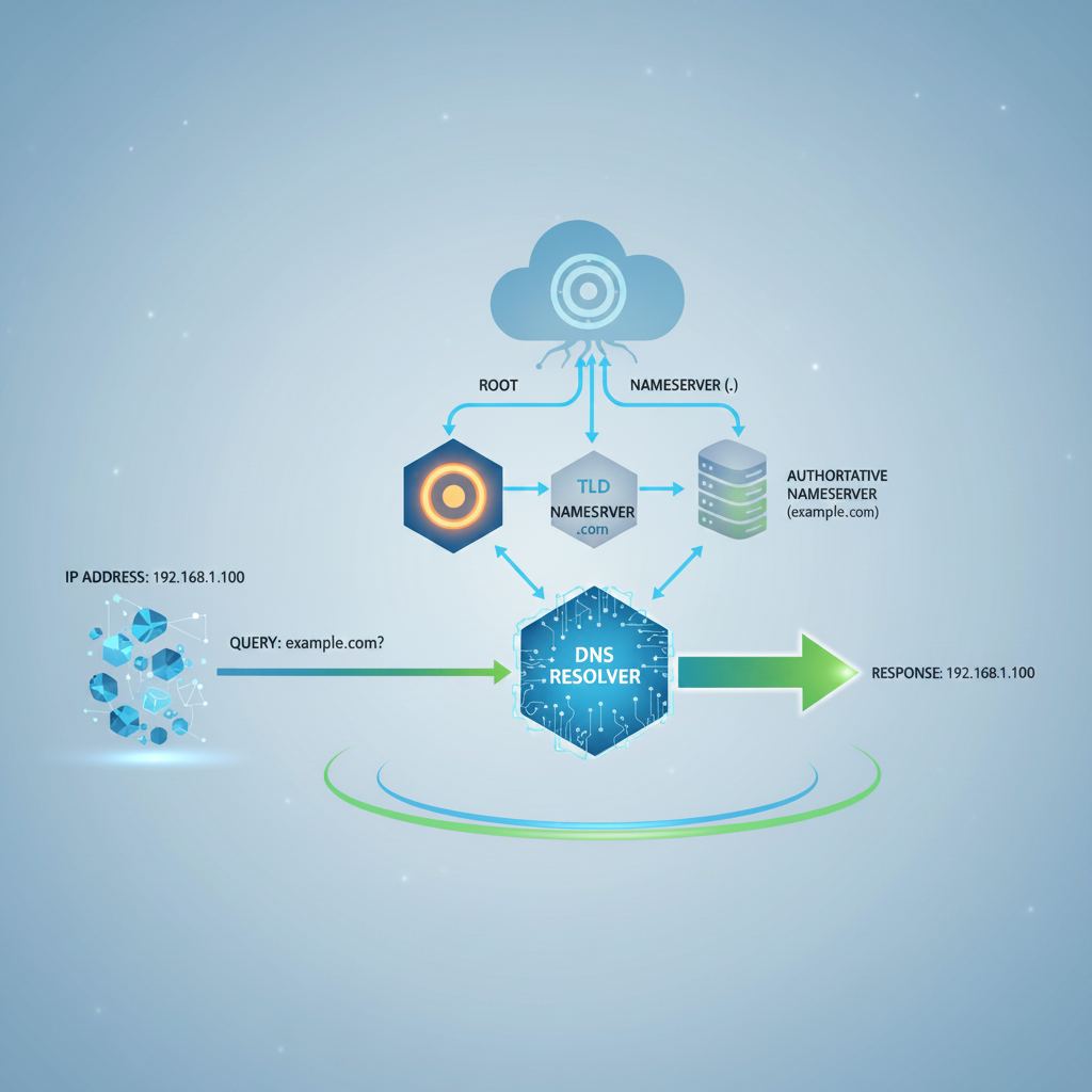 DNS Nedir ve nasıl çalıştığını gösteren kavramsal bir DNS sorgulama süreci.