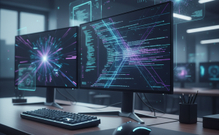 Bir monitörde soyut kod çizgileri gösteren modern bir yazılım geliştirme çalışma alanı, masada mekanik bir klavye ve fare bulunuyor. Arka planda bulanık bir şekilde görünen diğer monitörler ve dijital parıltılar teknoloji temasını vurguluyor.