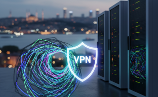 Şifrelenmiş bir ağ tünelini (VPN) ve modern sanal sunucu raflarını (VPS) gösteren dijital grafikler. Arka planda, belirgin bir metin veya simge olmaksızın, bulanık bir İstanbul şehir manzarası görülmektedir. Teknoloji ve ağ bağlantısını temsil eden mavi ve yeşil tonlar hakimdir.