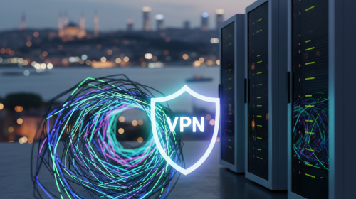 Şifrelenmiş bir ağ tünelini (VPN) ve modern sanal sunucu raflarını (VPS) gösteren dijital grafikler. Arka planda, belirgin bir metin veya simge olmaksızın, bulanık bir İstanbul şehir manzarası görülmektedir. Teknoloji ve ağ bağlantısını temsil eden mavi ve yeşil tonlar hakimdir.