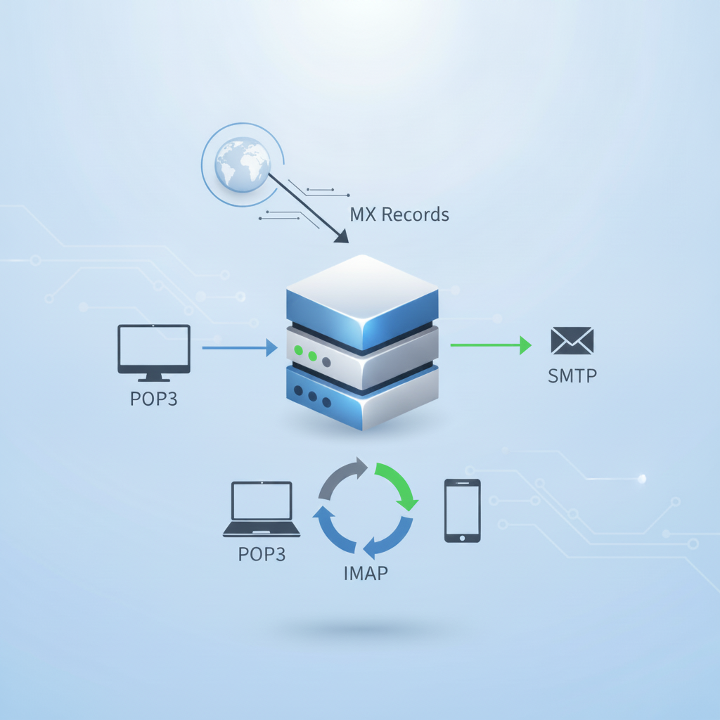 E-posta protokolleri ve sunucu yönlendirmesi E-Posta Hosting Nedir? E-posta sunucusunun alan adı, MX kayıtları ve protokollerle çalışmasını gösteren kavramsal bir görsel.
