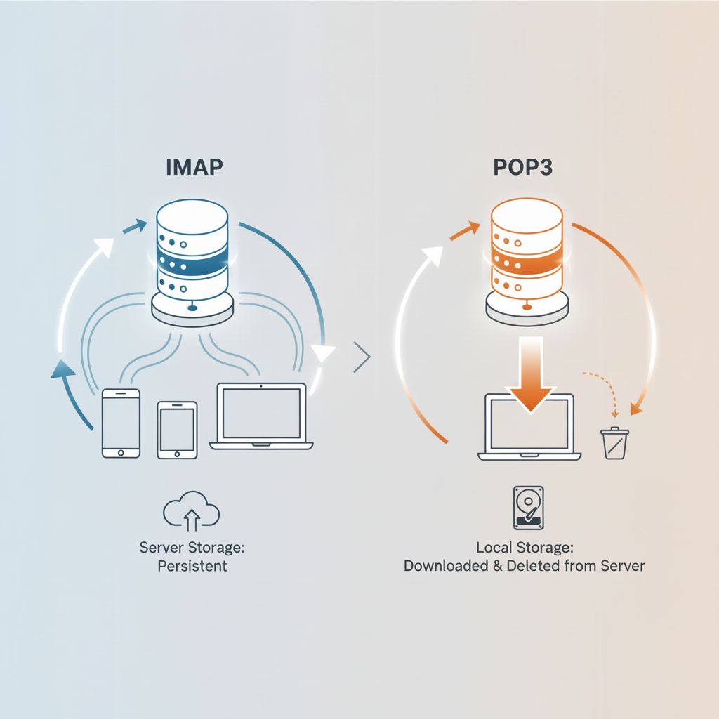 E-posta Protokolü Çalışma Prensibi Karşılaştırması IMAP vs POP3 Farkı: E-posta protokollerinin sunucu ve cihazlarla etkileşimlerini kavramsal olarak gösterir.