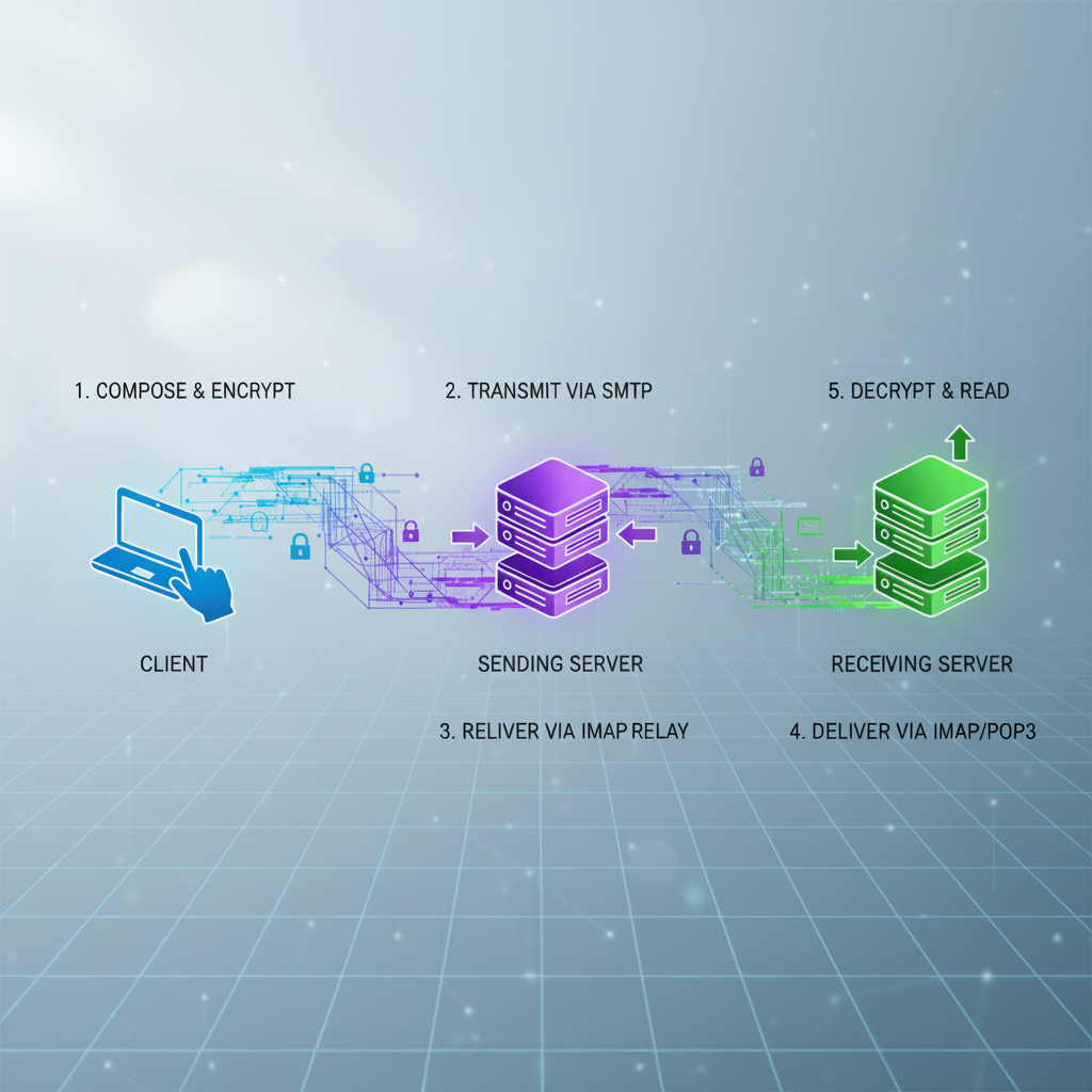 SMTP Nedir? E-posta gönderim sürecinin temel adımlarını gösteren dijital bir ağ diyagramı, bağlantıları ve akışı vurgular.
