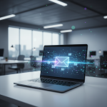 Modern bir dizüstü bilgisayar ekranından yayılan dijital veri akışları, kurumsal e-postanın güvenli ve profesyonel iletişimini temsil ediyor. Arka plan bulanık bir ofis ortamı, metin veya logo içermez.