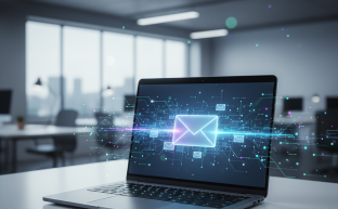 Modern bir dizüstü bilgisayar ekranından yayılan dijital veri akışları, kurumsal e-postanın güvenli ve profesyonel iletişimini temsil ediyor. Arka plan bulanık bir ofis ortamı, metin veya logo içermez.