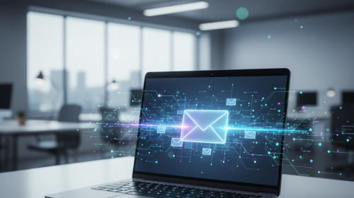 Modern bir dizüstü bilgisayar ekranından yayılan dijital veri akışları, kurumsal e-postanın güvenli ve profesyonel iletişimini temsil ediyor. Arka plan bulanık bir ofis ortamı, metin veya logo içermez.