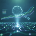 Dijital ağ ve arama motoru optimizasyonu (SEO) konseptini temsil eden fotogerçekçi bir görüntü. Parlak, soyut bir dijital ağ ve üzerindeki stilize edilmiş bir büyüteç, yükselen bir grafik ve veri akışlarını gösteren arka plan. Metin veya sayı içermez.
