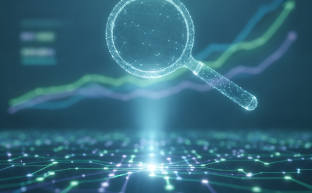 Dijital ağ ve arama motoru optimizasyonu (SEO) konseptini temsil eden fotogerçekçi bir görüntü. Parlak, soyut bir dijital ağ ve üzerindeki stilize edilmiş bir büyüteç, yükselen bir grafik ve veri akışlarını gösteren arka plan. Metin veya sayı içermez.