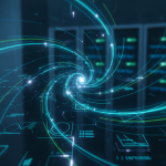Yüksek hızlı web performansı ve veri akışını gösteren, dijital ağ temalı fütüristik bir görüntü. Arka planda bulanık sunucu rafları ve ışık izleri bulunuyor, ön planda ise soyut, metinsiz kullanıcı arayüzü öğeleri yer alıyor. Mavi ve yeşil tonlarda dijital ışıklar, hız ve optimizasyon konseptini vurguluyor.
