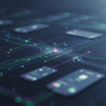 Dijital ağ bağlantılarını ve veri akışını gösteren soyut, modern bir finansal teknoloji sahnesi. Bulanık bir akıllı telefon ve kart siluetleri arasında parlayan mavi ve mor ışık hatları, güvenli ve hızlı ödeme sistemlerini simgeliyor.