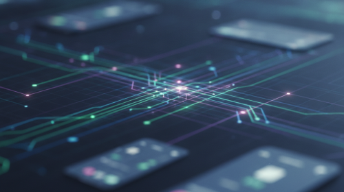 Dijital ağ bağlantılarını ve veri akışını gösteren soyut, modern bir finansal teknoloji sahnesi. Bulanık bir akıllı telefon ve kart siluetleri arasında parlayan mavi ve mor ışık hatları, güvenli ve hızlı ödeme sistemlerini simgeliyor.