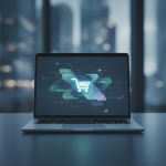 Modern bir çalışma masasında açık bir dizüstü bilgisayar, ekranında online mağaza yönetimi ve e-ticaret büyümesini simgeleyen soyut dijital grafikler ve arayüzler gösteriyor. Arka planda bulanık bir şehir manzarası veya iş ortamı var. Görüntüde hiçbir yazı veya metin bulunmamaktadır, tamamen kavramsal bir anlatım içerir.