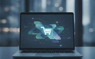 Modern bir çalışma masasında açık bir dizüstü bilgisayar, ekranında online mağaza yönetimi ve e-ticaret büyümesini simgeleyen soyut dijital grafikler ve arayüzler gösteriyor. Arka planda bulanık bir şehir manzarası veya iş ortamı var. Görüntüde hiçbir yazı veya metin bulunmamaktadır, tamamen kavramsal bir anlatım içerir.